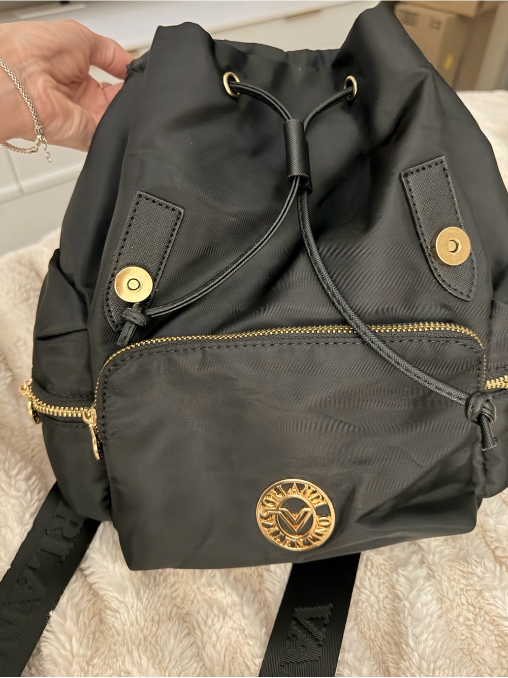 Valentino Black Nylon Backpack with Gold-Tone Emblem and Hardware - Picture 3 of 4